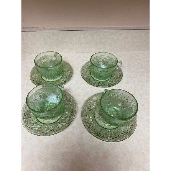 Vintage Tiara Club Light Green Tea Cups & Saucers, Set of 4 Chantilly Green - Picture 3 of 4